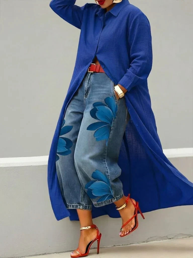 Mallory | Stylish Shirt Dress and Floral Jeans Set