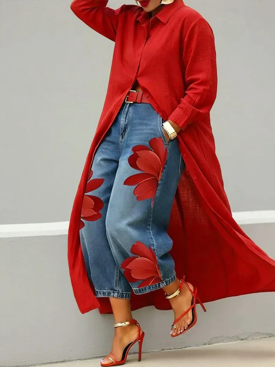 Mallory | Stylish Shirt Dress and Floral Jeans Set