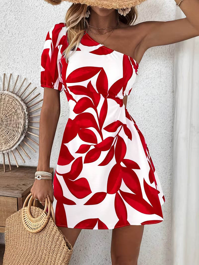 Celia | One-Shoulder Leaf Print Mini Dress