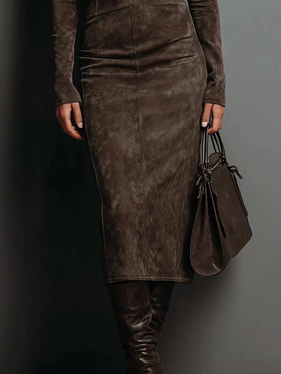 SELWYNNE | HIGH-NECK SUEDE MAXI DRESS