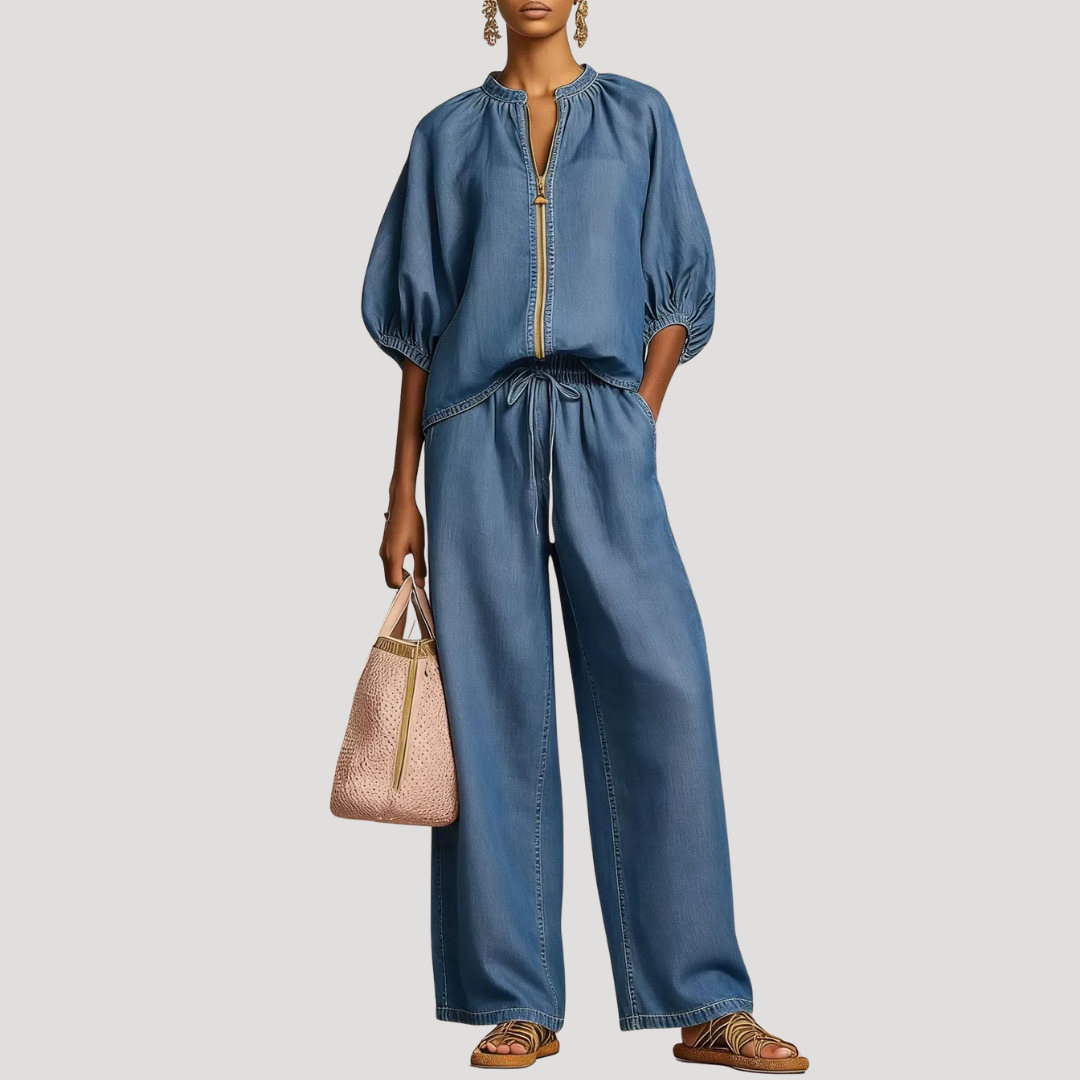 Women's Summer Co-Ord Set Relaxed Blouse Wide Leg Trousers Lightweight Fabric