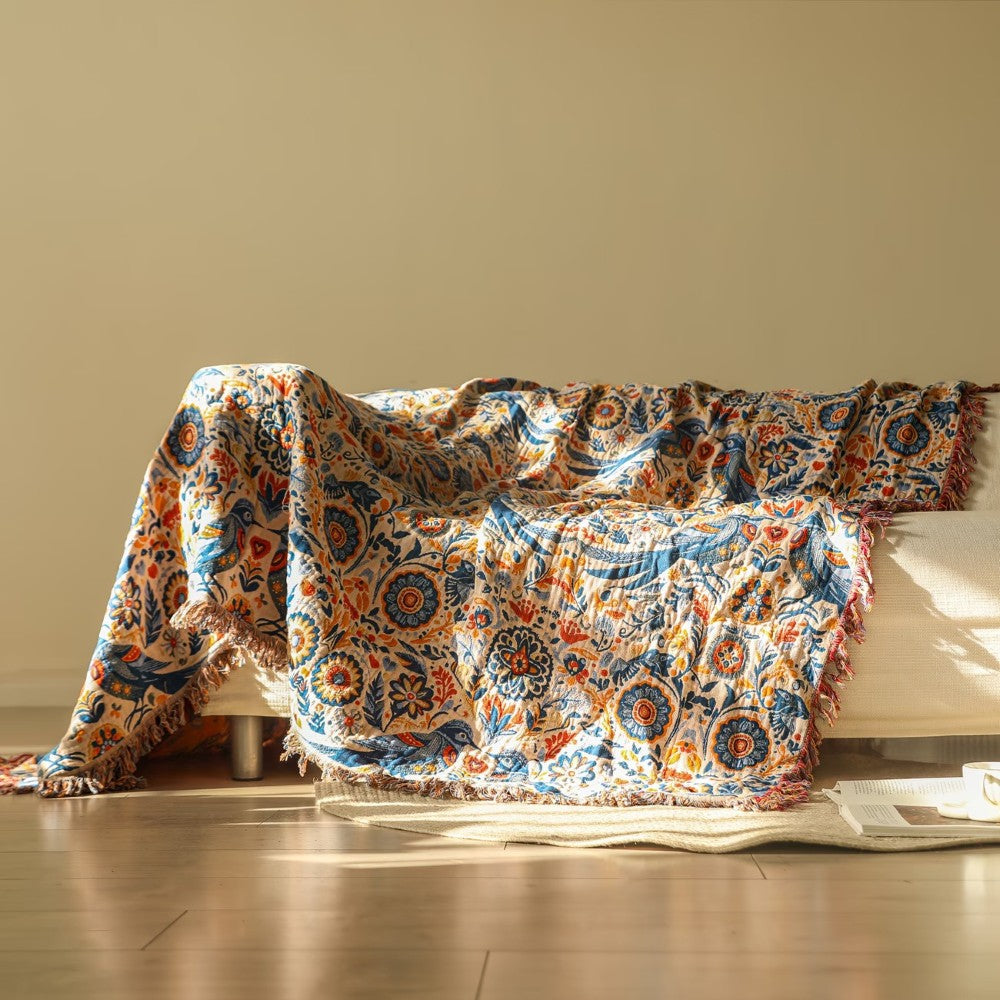 Bird Floral Design Cotton Throw Blanket