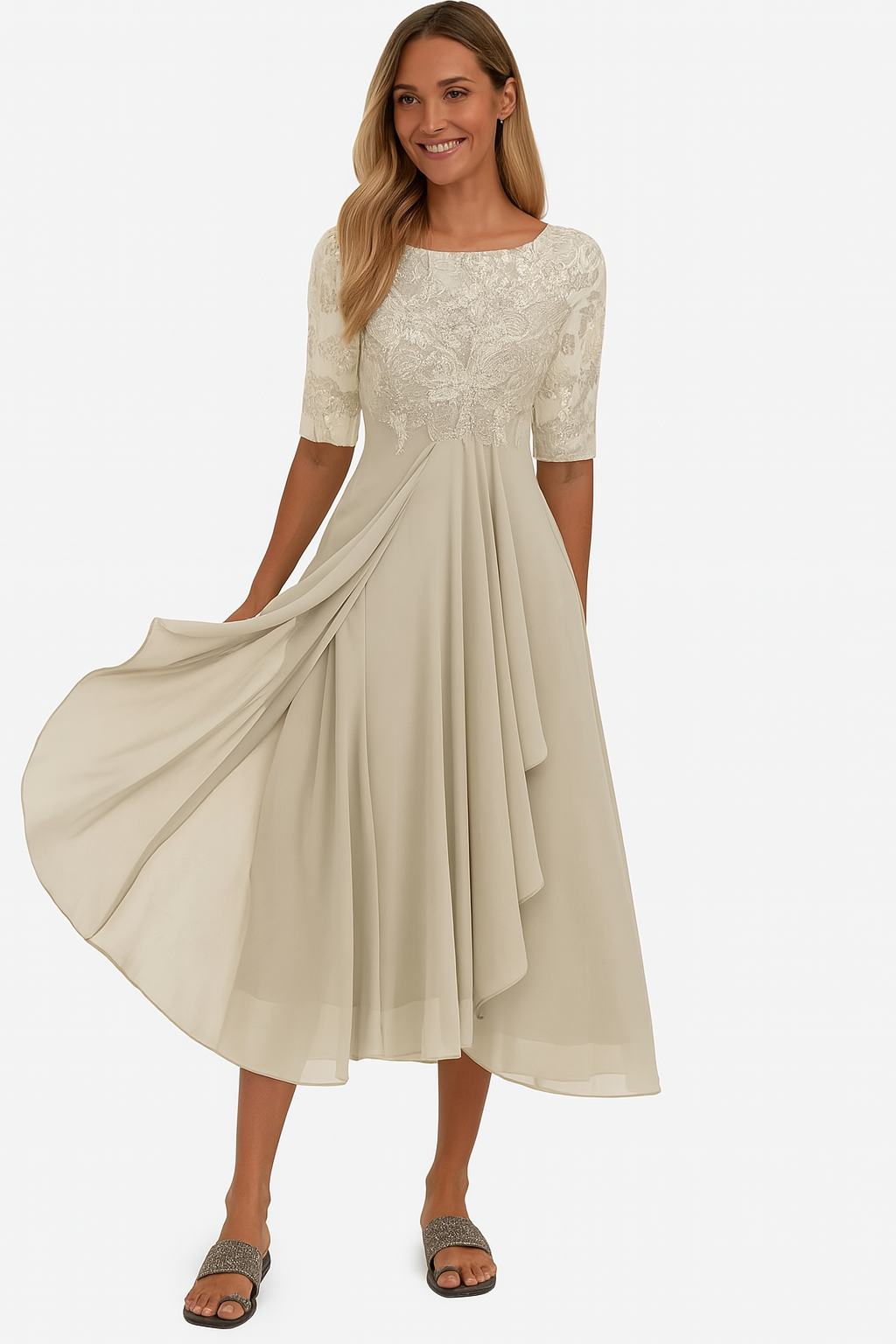 Margaret | Women's A-Line Midi Summer Dress with Textured Upper