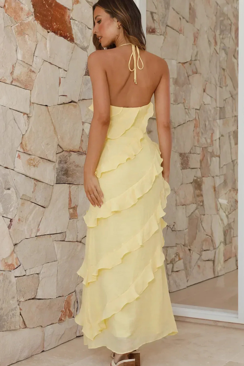 Gina | Women's Halter Neck Ruffle Maxi Dress