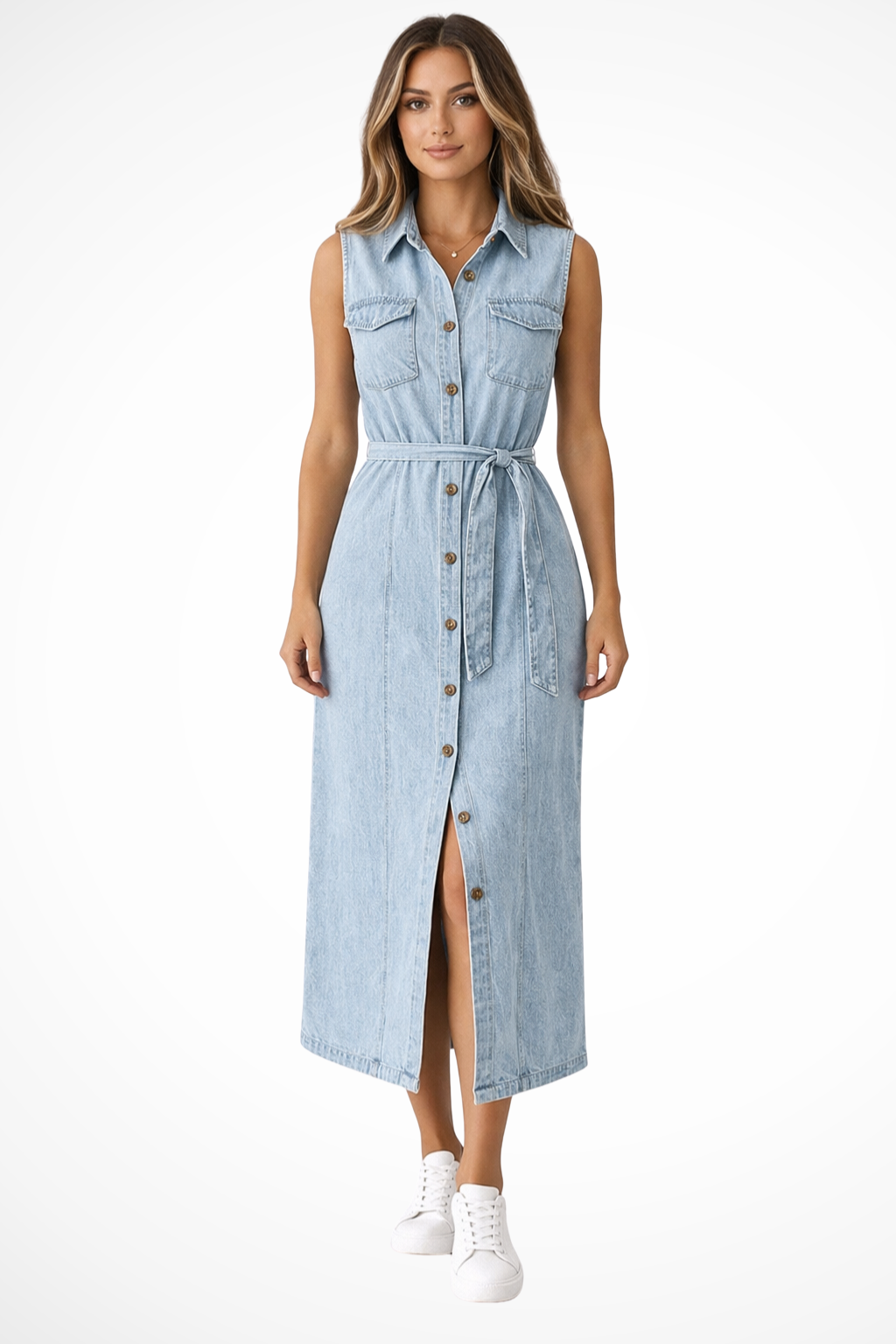 Giselle | Women's Sleeveless Belted Denim Maxi Dress