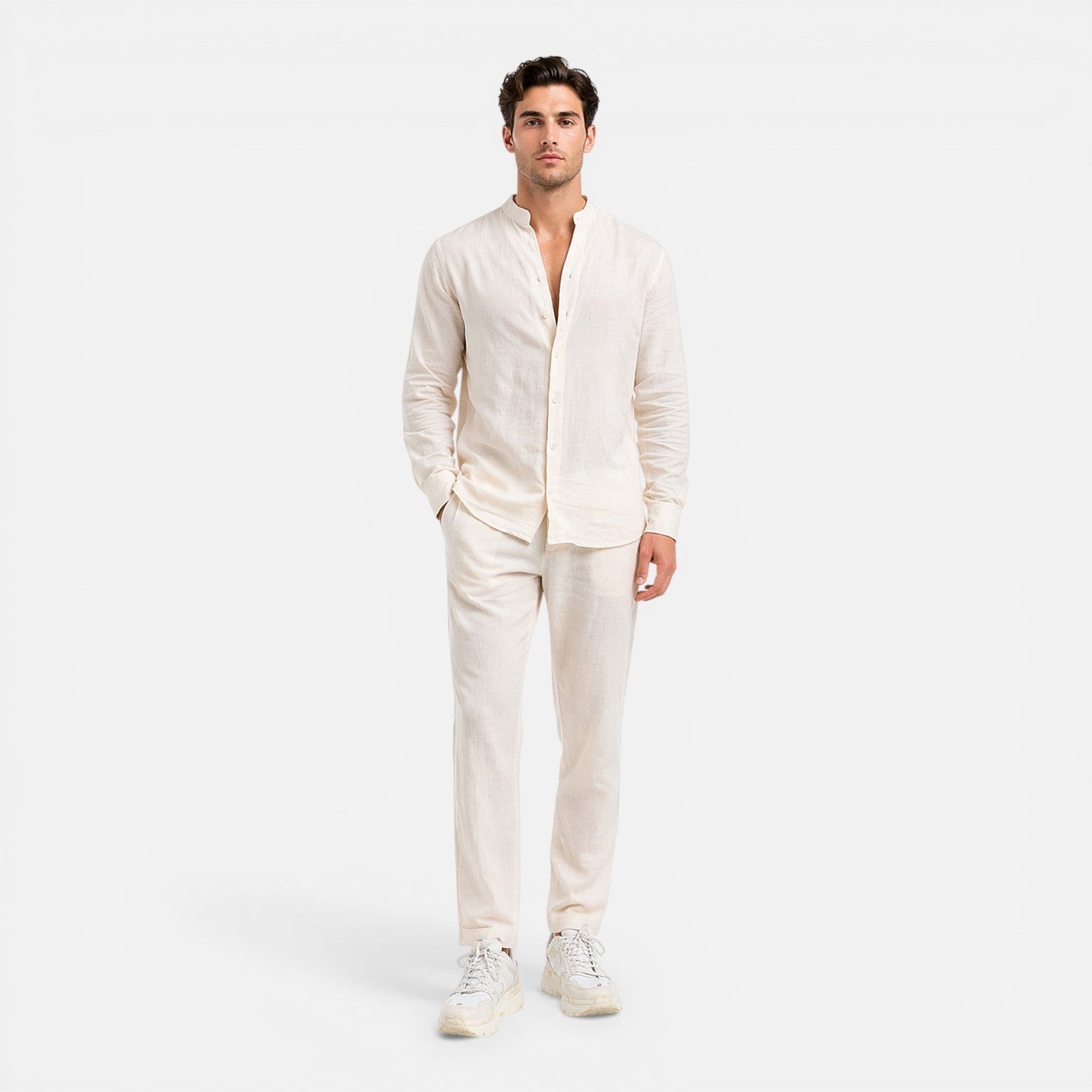 Men's Outfit Linen Set Relaxed Fit Shirt Trousers Lightweight Business Casual Fashion