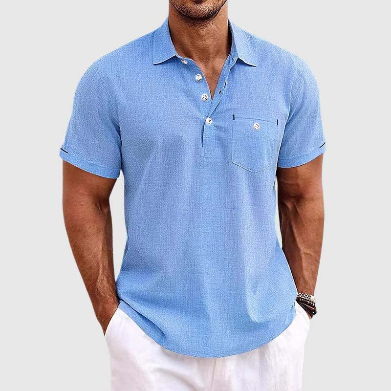 Men's Linen Polo Shirt - Classic Spread Collar and Chest Pocket