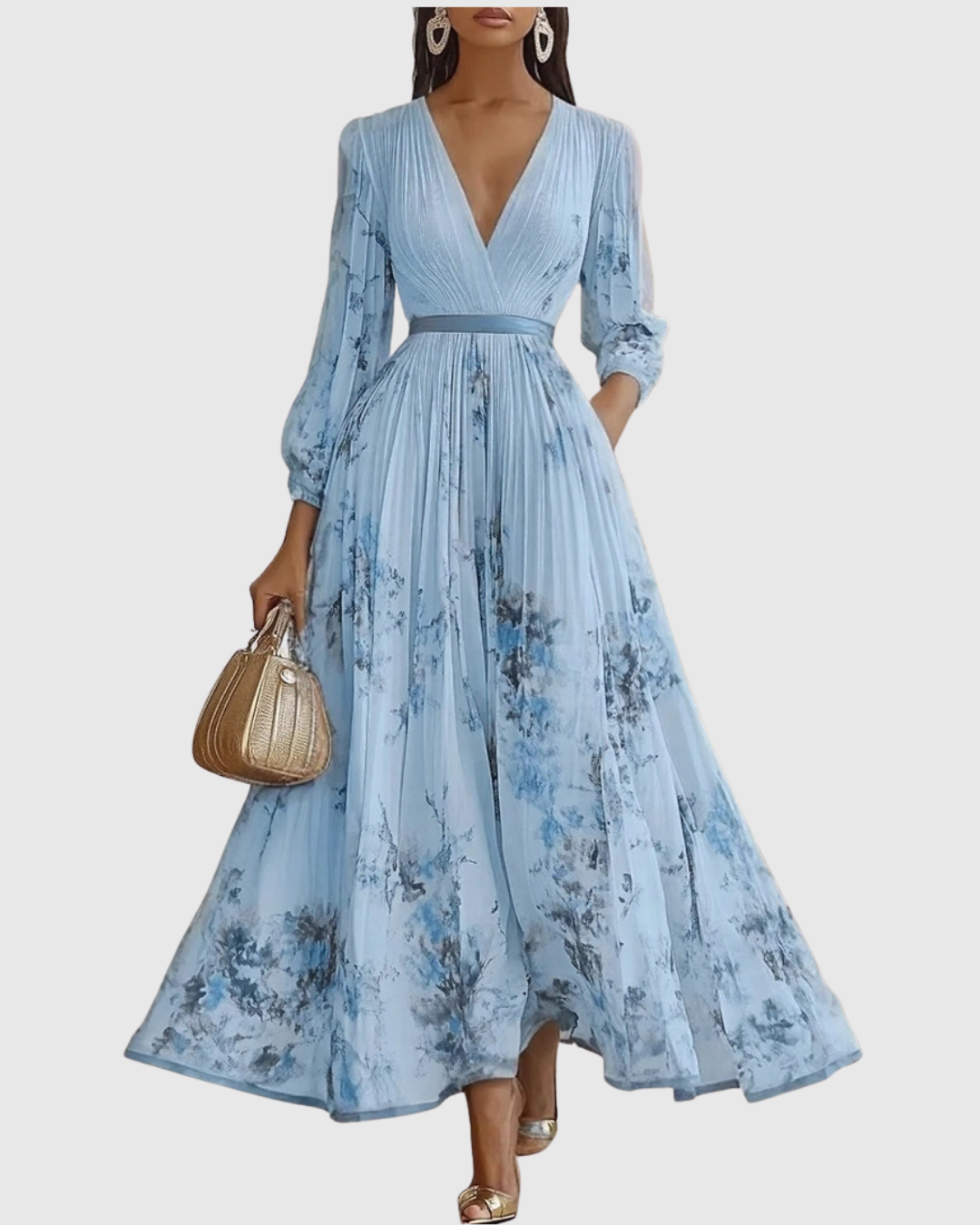 Rachel | Women's Floral Pleated V-Neck Maxi Dress
