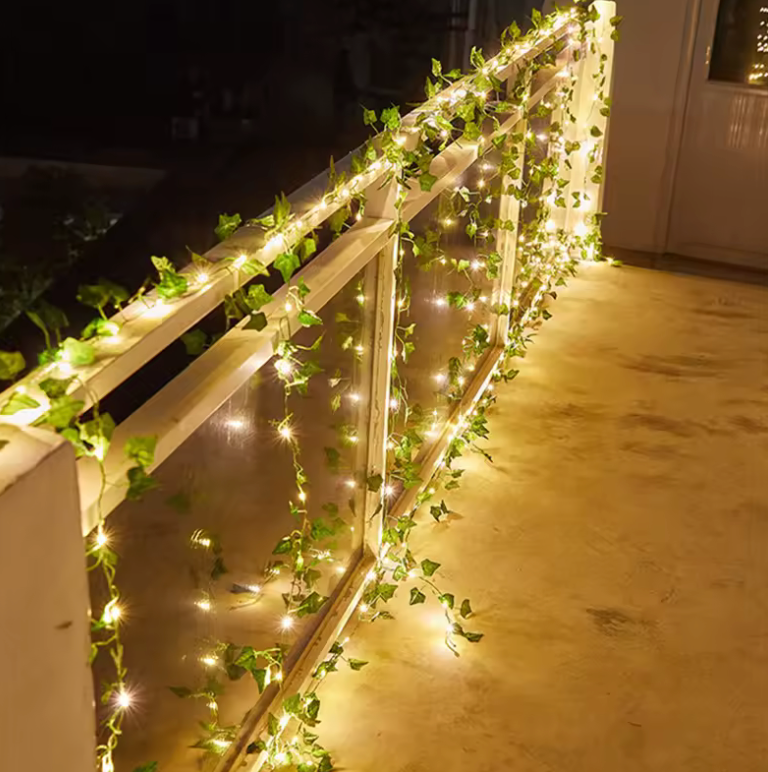Battery-Powered Vine Fairy Lights – Green Leaf Garland with Warm LED Glow