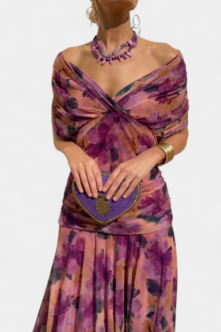 Women's Off-Shoulder Maxi Dress Ruched Bodice Flowing Skirt Evening Cocktail