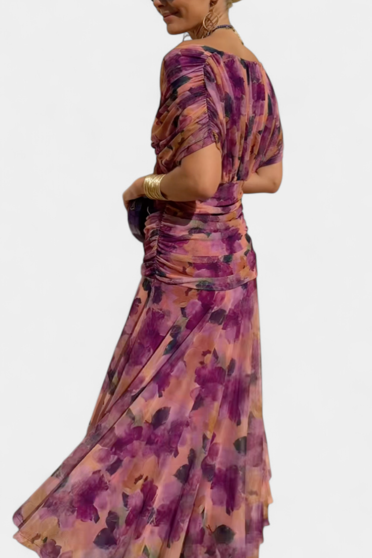 Women's Off-Shoulder Maxi Dress Ruched Bodice Flowing Skirt Evening Cocktail