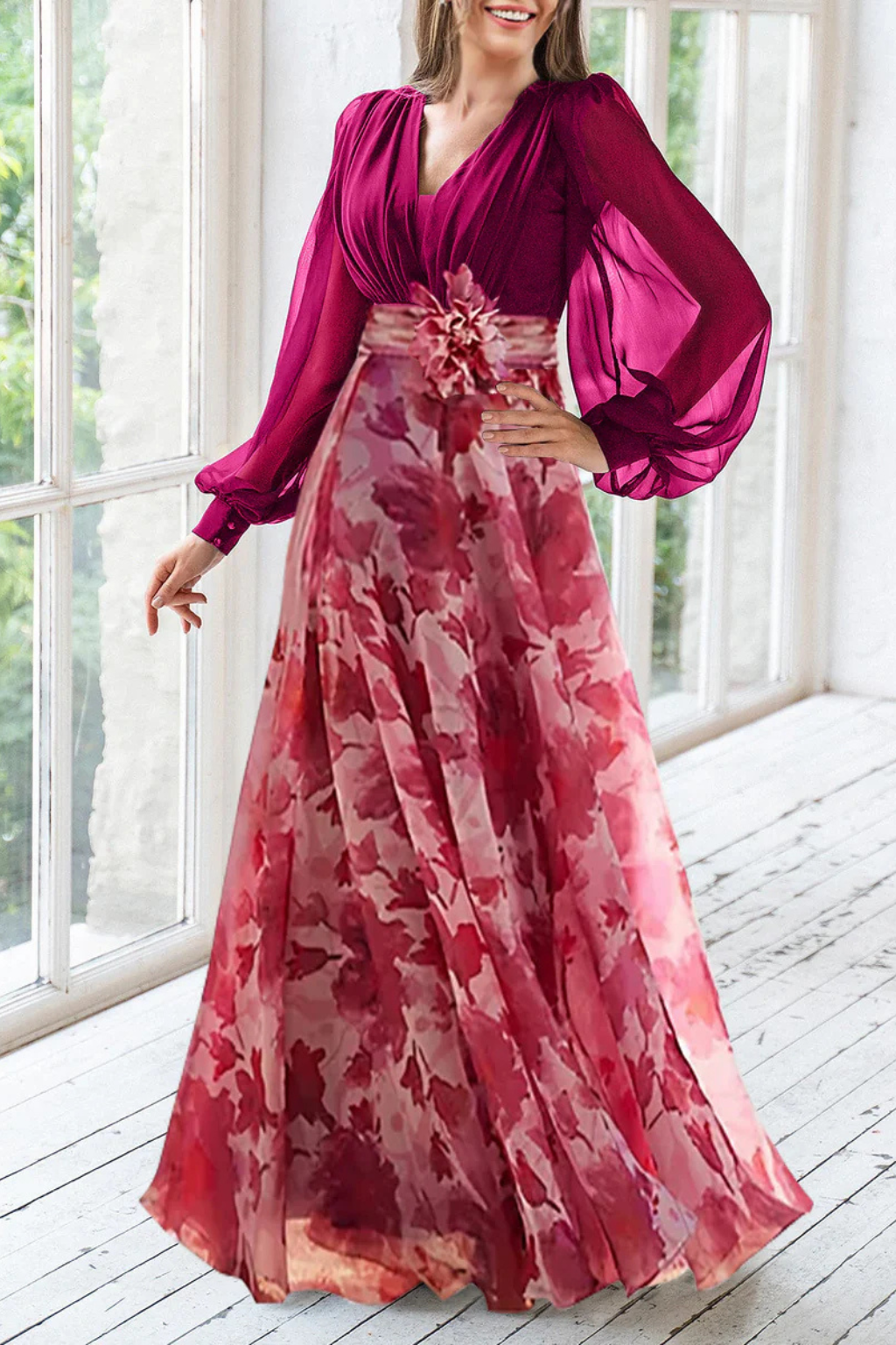 Valentina | Women's Floral Maxi Dress with Balloon Sleeves