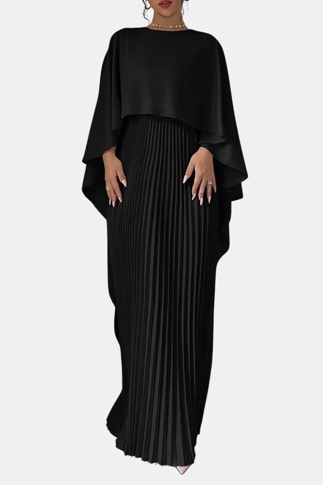 Veda – Pleated Chiffon Maxi Dress with High Neck Silhouette