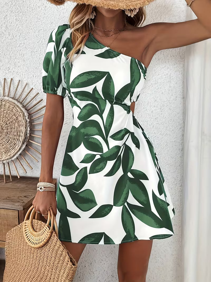 Celia | One-Shoulder Leaf Print Mini Dress
