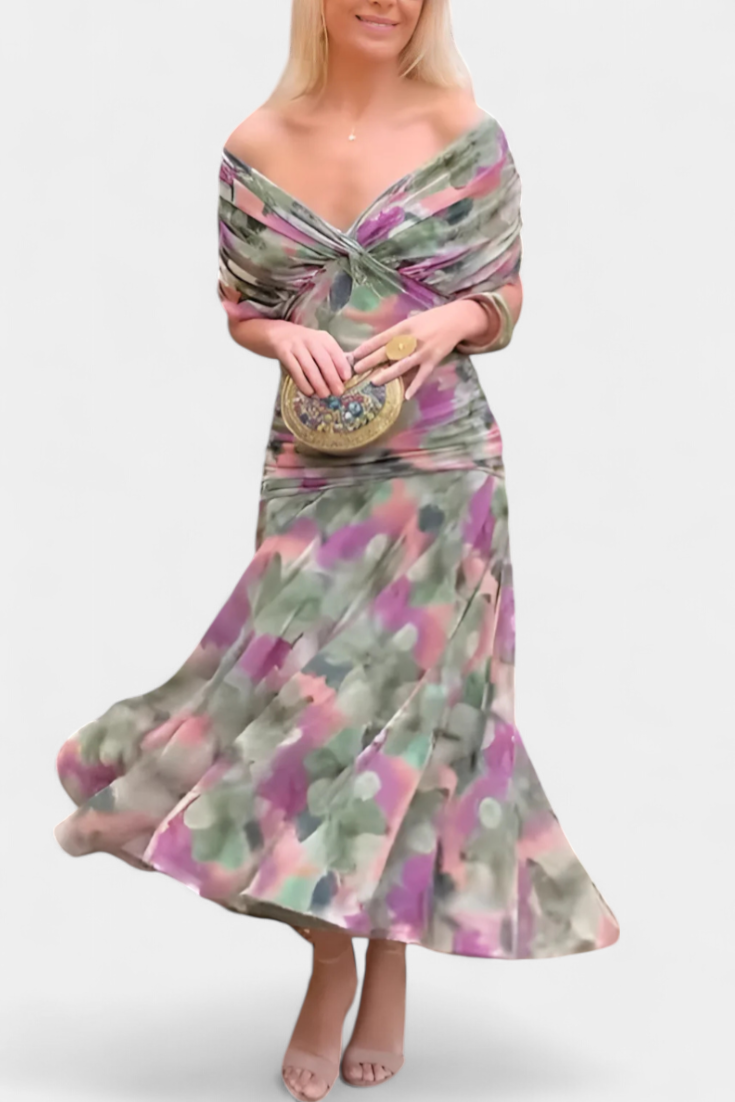 Women's Off-Shoulder Maxi Dress Ruched Bodice Flowing Skirt Evening Cocktail