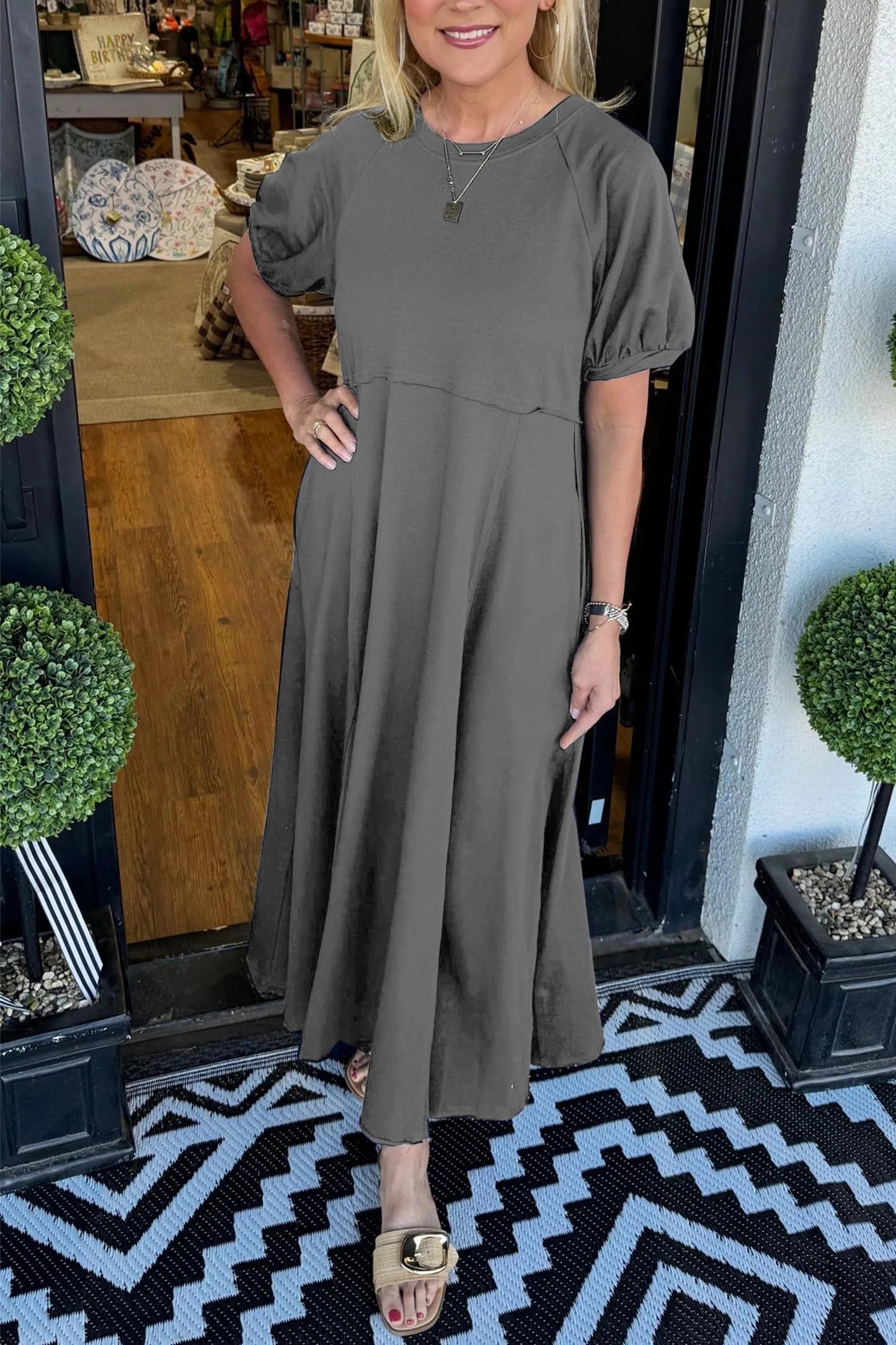 Octavia | Puff Sleeve Round Neck Maxi Dress