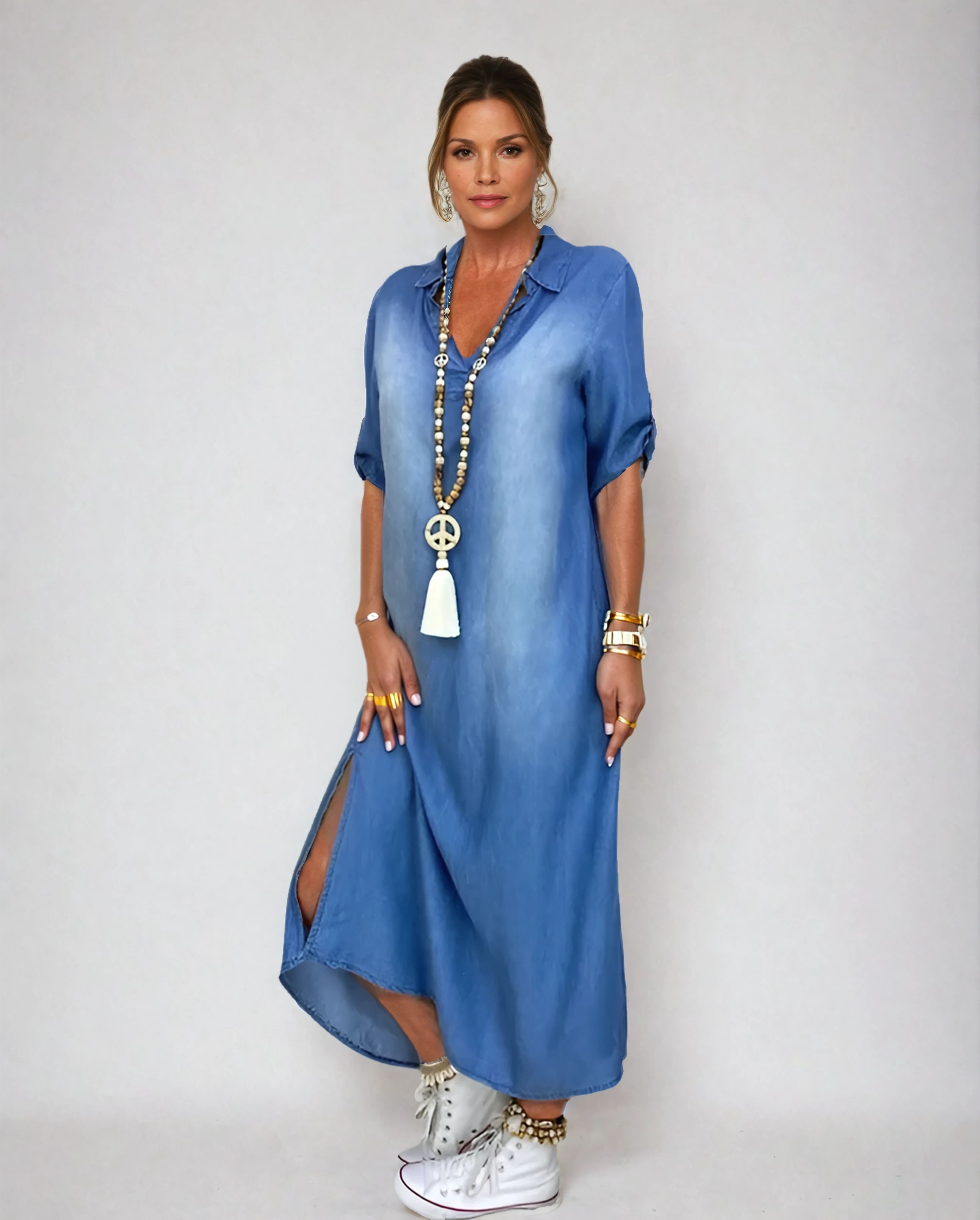 Fatima | Elegant Mid Sleeve V-Neck Plain Dress