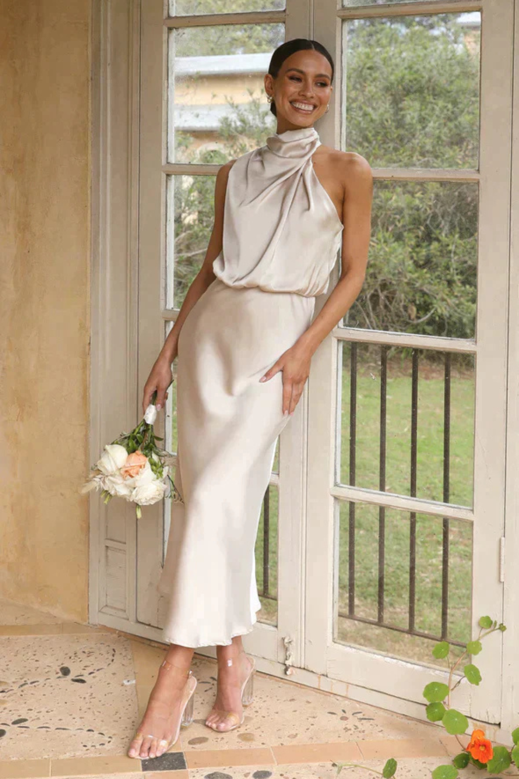 Amelia | Women's Satin Halter Neck Midi Dress