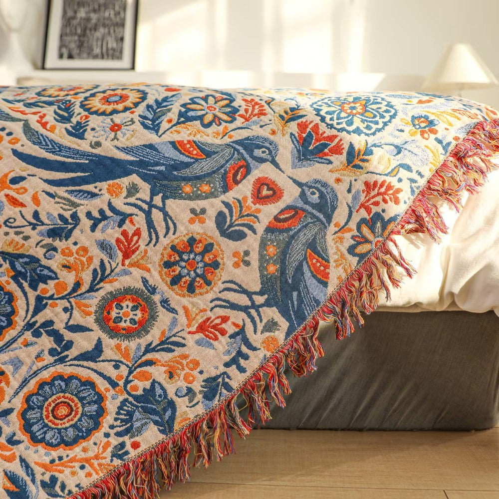 Bird Floral Design Cotton Throw Blanket
