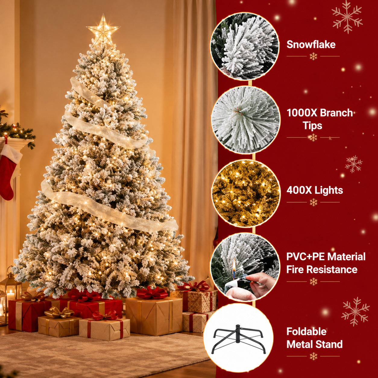 7ft Snow-Flocked Pre-Lit Artificial Christmas Tree – LED Lights & 1100 Mixed PE/PVC Tips
