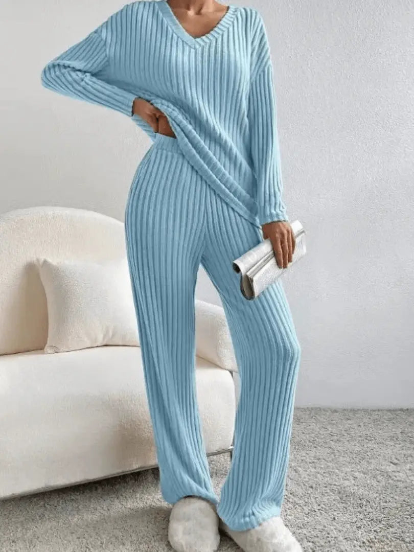 Harriet | Ribbed Knit Lounge Set Sky Blue V-Neck Long Sleeve for Women