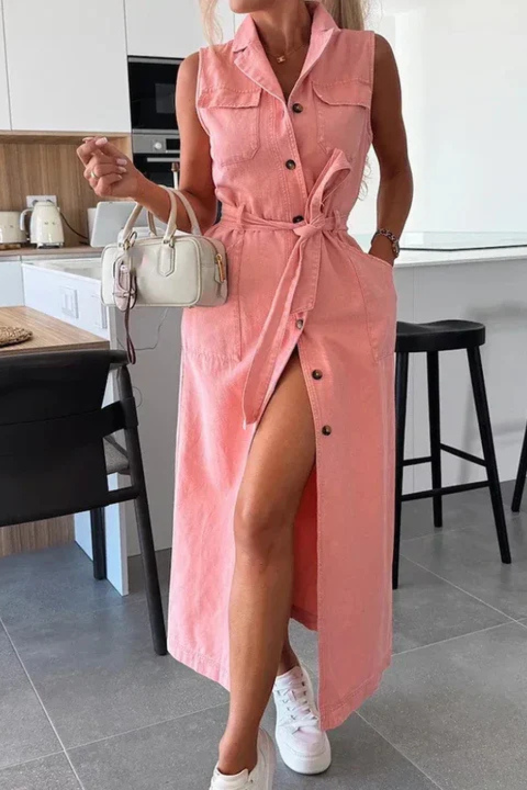 Giselle | Women's Sleeveless Belted Denim Maxi Dress