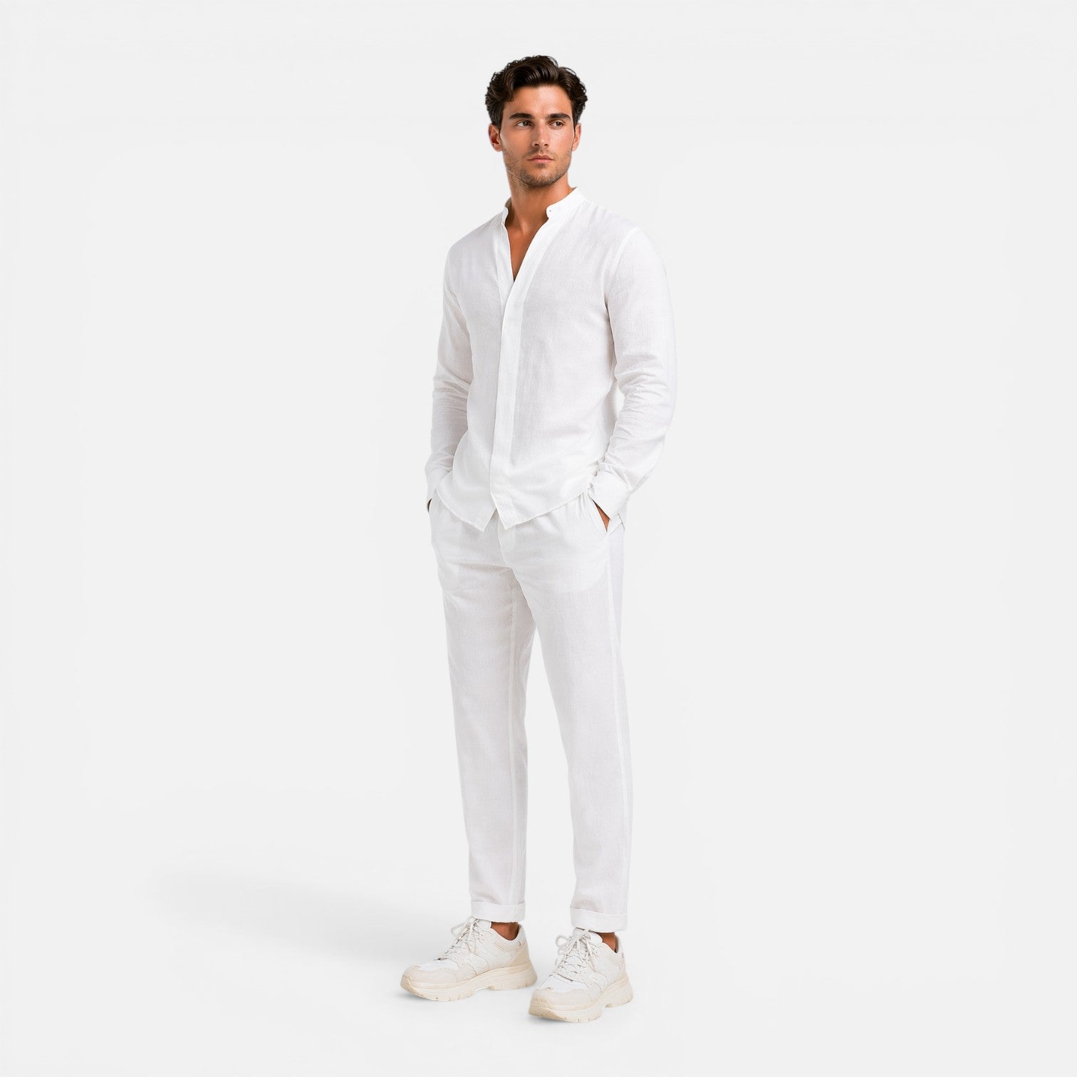 Men's Outfit Linen Set Relaxed Fit Shirt Trousers Lightweight Business Casual Fashion