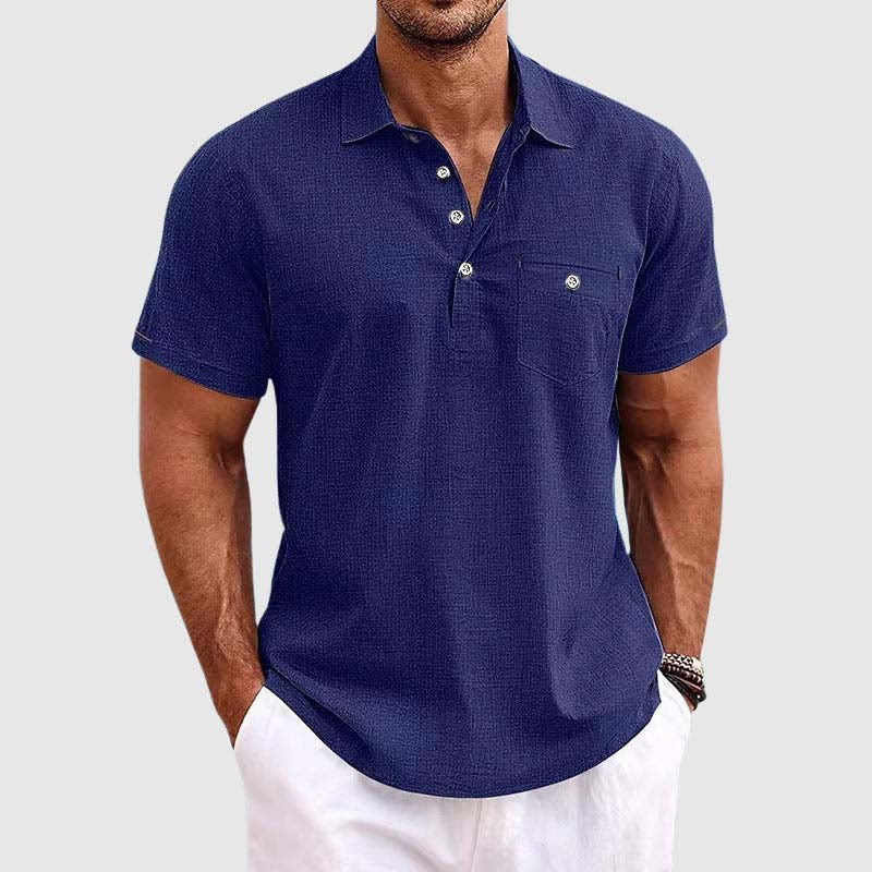 Men's Linen Polo Shirt - Classic Spread Collar and Chest Pocket