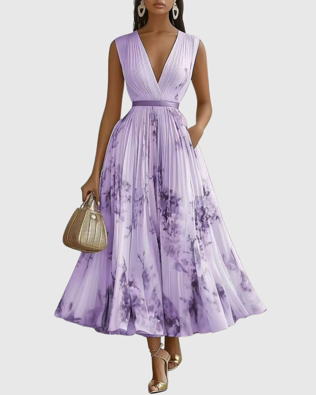 Rachel | Women's Floral Pleated V-Neck Maxi Dress