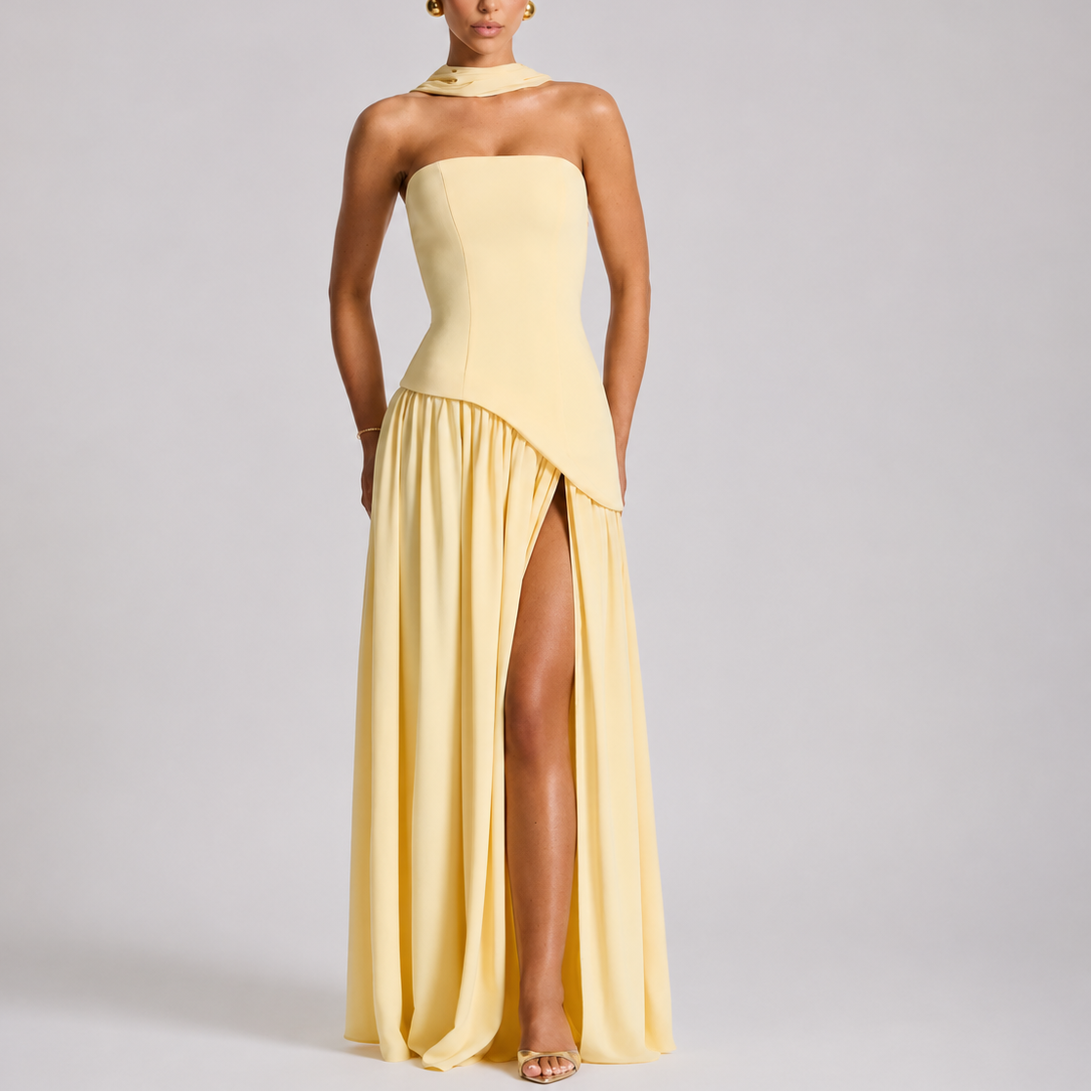 Women's Wedding Guest Maxi Dress with Open Back and Scarf Detail