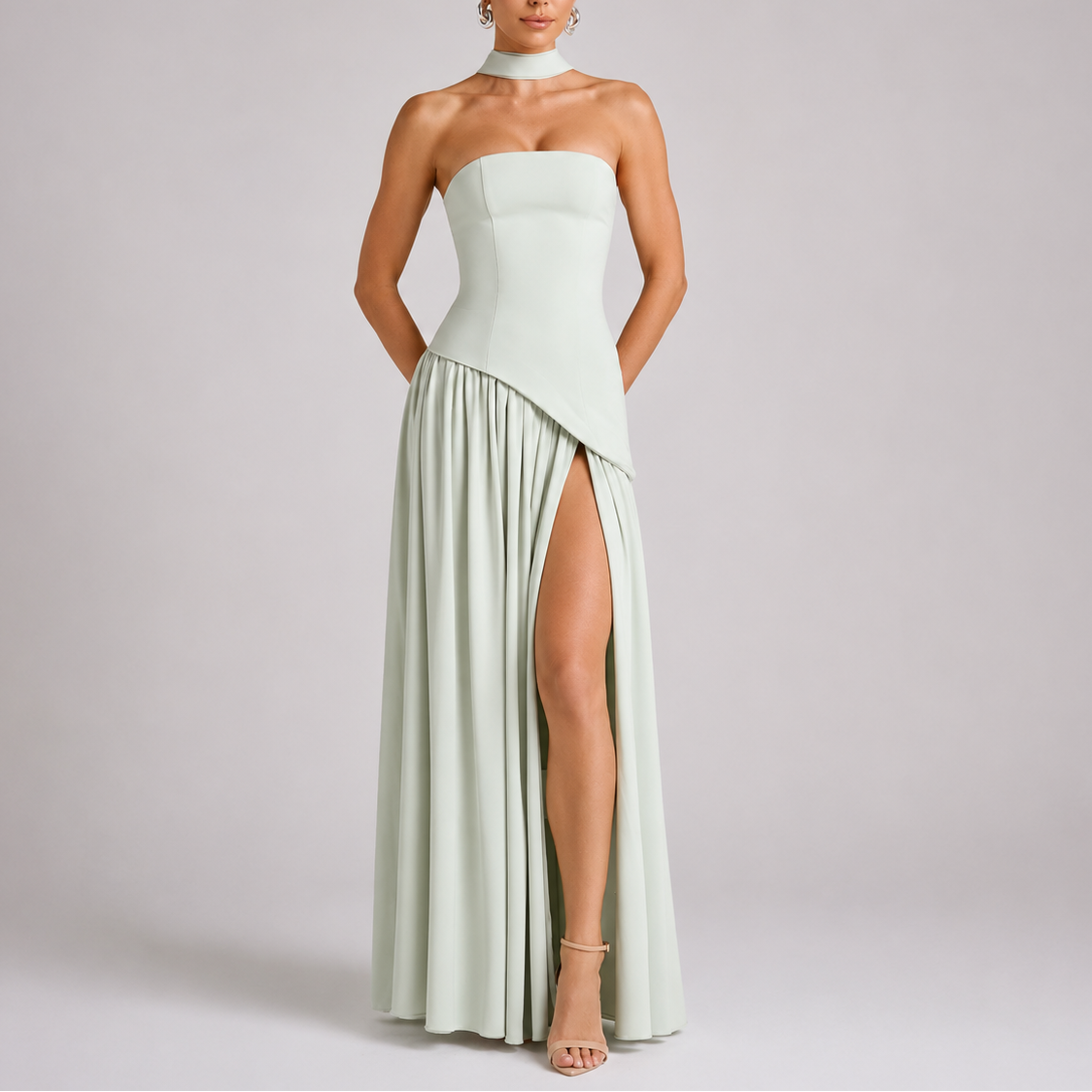Women's Wedding Guest Maxi Dress with Open Back and Scarf Detail