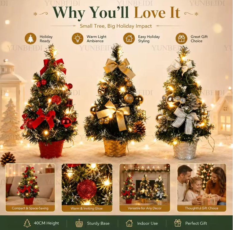 Mini Artificial Christmas Tree – Pre-Lit LED, 40cm Desktop Décor