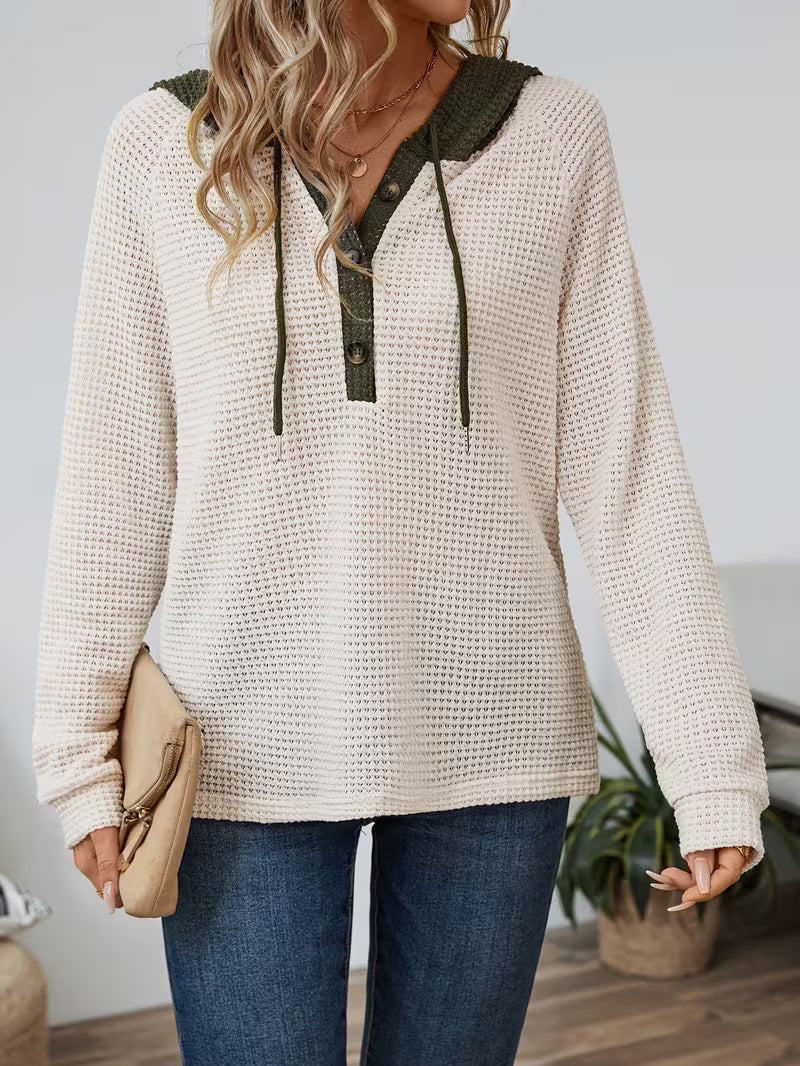 Hanna| Casual Button Waffle Knit Hoodie