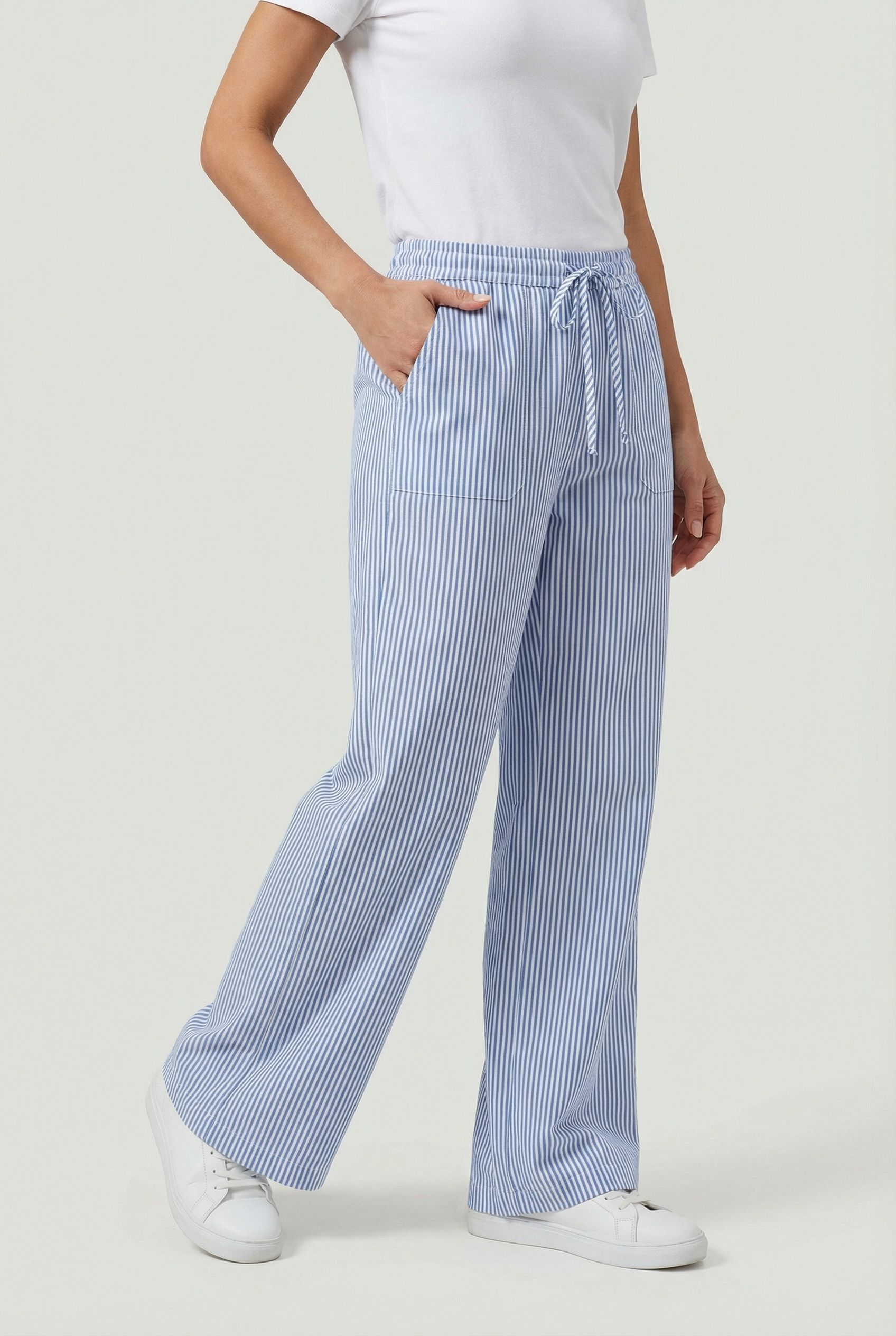 Women’s Drawstring Trousers Striped Polyester Blend Wide Leg
