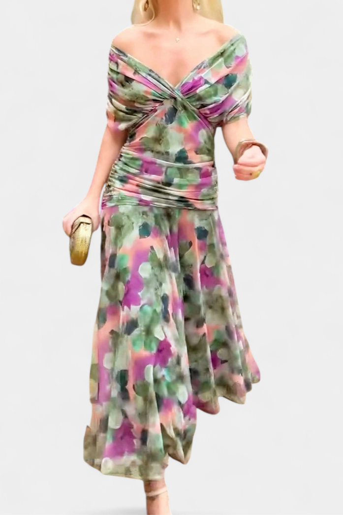 Women's Off-Shoulder Maxi Dress Ruched Bodice Flowing Skirt Evening Cocktail