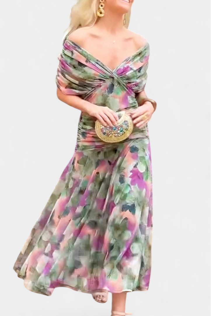Women's Off-Shoulder Maxi Dress Ruched Bodice Flowing Skirt Evening Cocktail