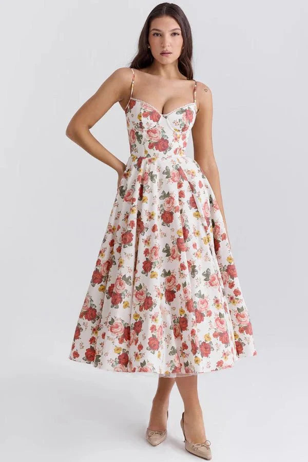 Women's Wedding Guest Midi Dress with Strapless Neckline and Fit Flare Skirt