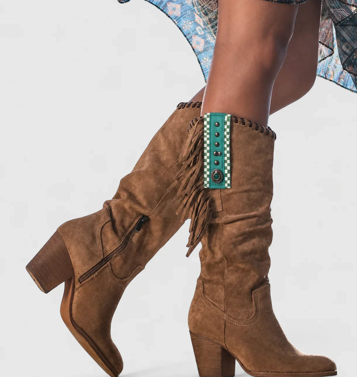 Women's orthopedic suede knee-high western boots with fringe and block heel