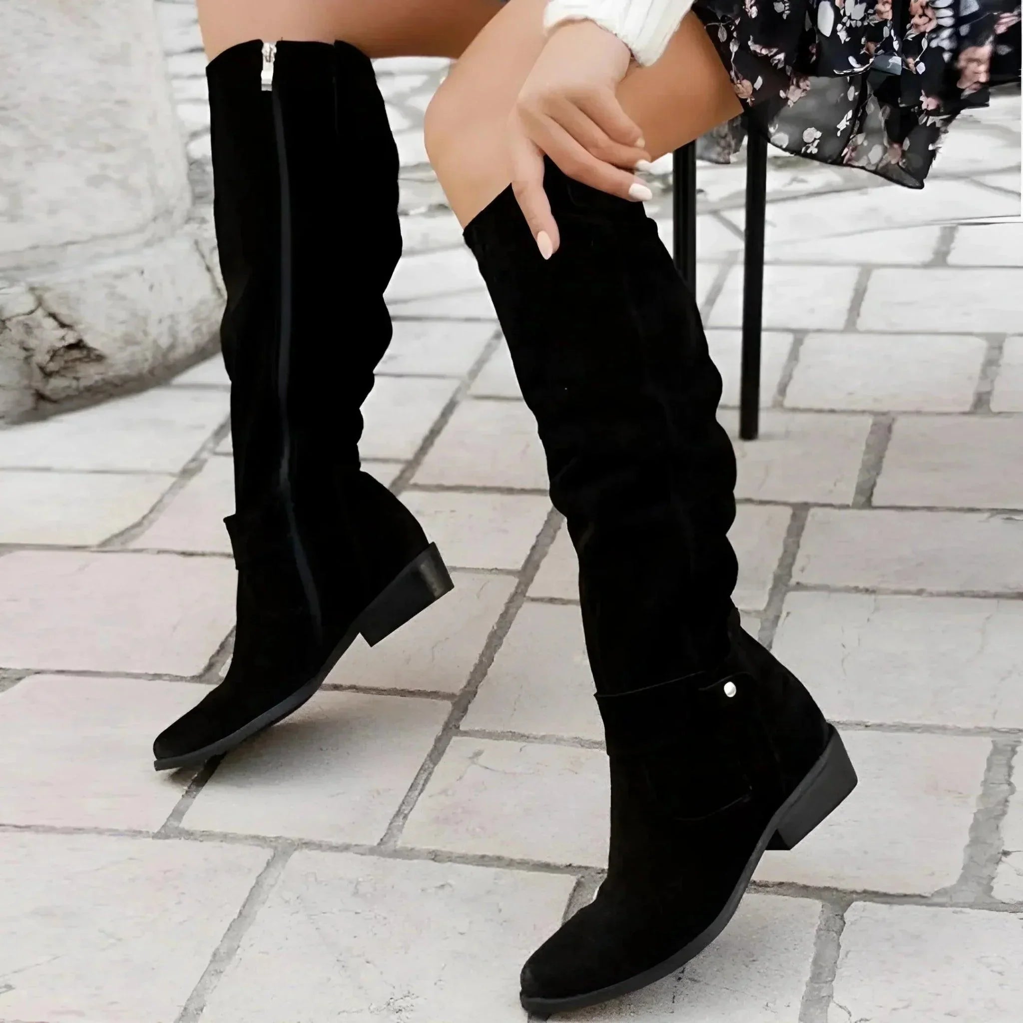 Women's suede slouchy pointed-toe knee-high boots with side zipper